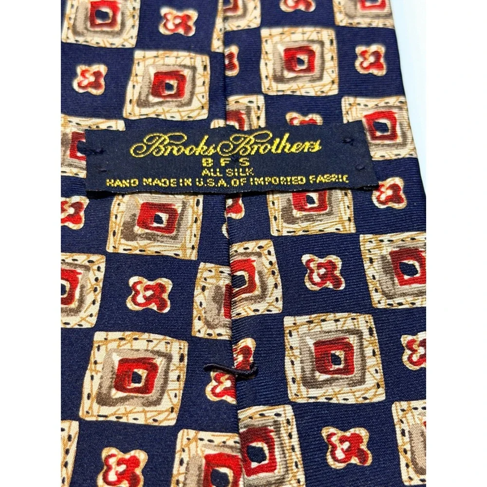 Brooks Brothers Silk Tie Tan Navy Blue Red‎ Geometric Square Preppy Classic